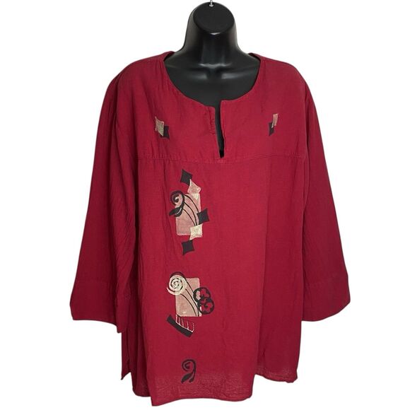 Vtg California Drawstrings Top Womens XXL Red Boho Lagenlook Boxy Artsy Cotton - Picture 1 of 13